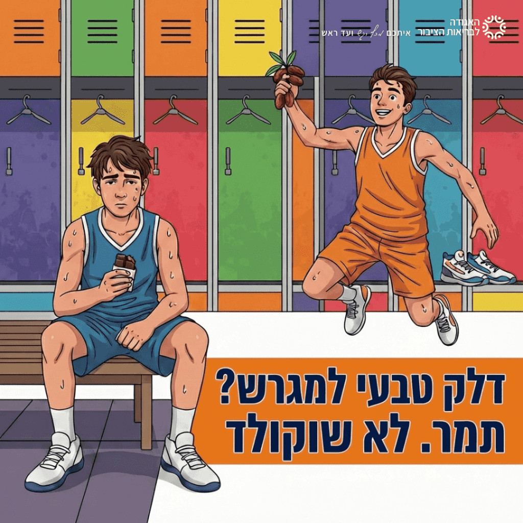 אילוסטרציה של שני צעירים אחד בוחר לאכול תמר ואחד בוחר לאכול שוקולד לפני משחק